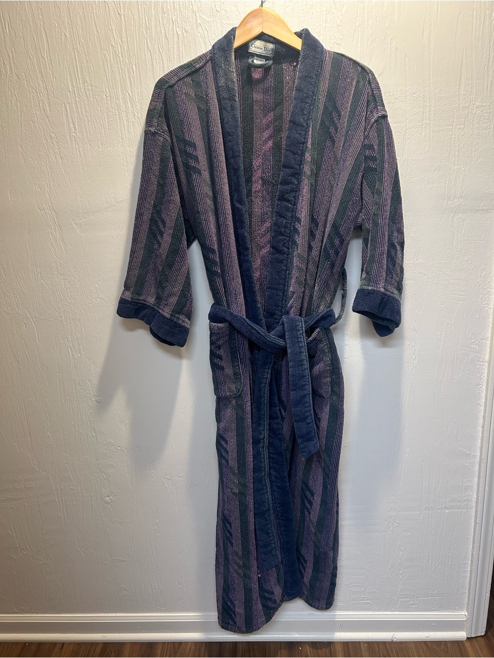 Vintage 80s-90s Christian Dior Le Connaisseur Cotton Terry Bathrobe Plush Stripe